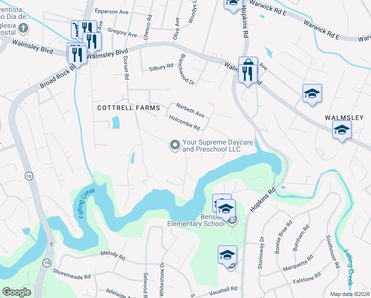 map of restaurants, bars, coffee shops, grocery stores, and more near 4131 Dorset Road in Richmond