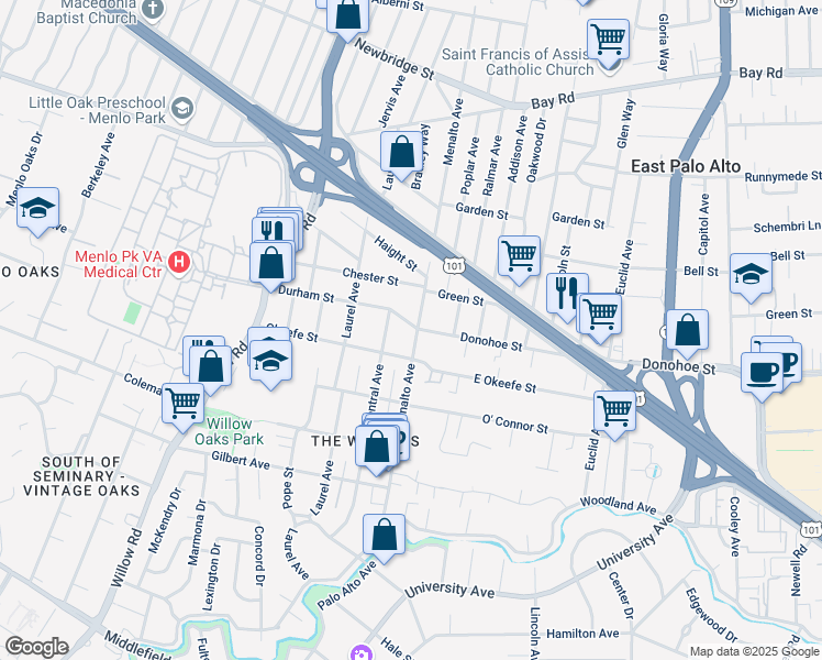 map of restaurants, bars, coffee shops, grocery stores, and more near 724 Central Avenue in Menlo Park