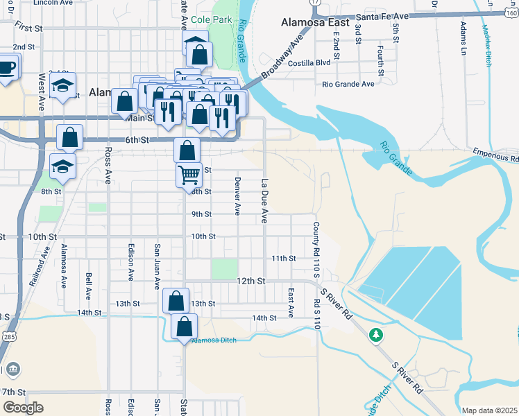 map of restaurants, bars, coffee shops, grocery stores, and more near 315 9th Street in Alamosa