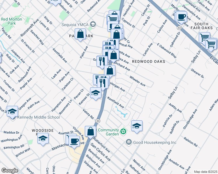map of restaurants, bars, coffee shops, grocery stores, and more near 927 Woodside Road in Redwood City