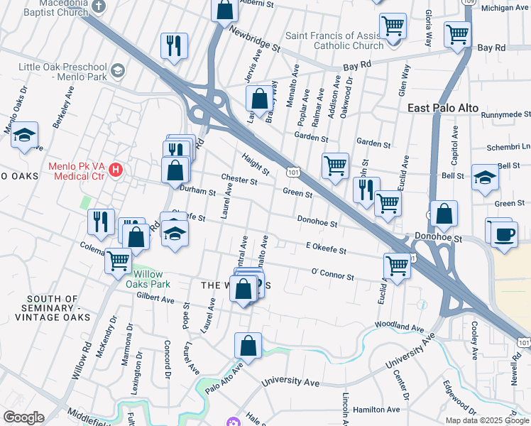 map of restaurants, bars, coffee shops, grocery stores, and more near 724 Central Avenue in Menlo Park