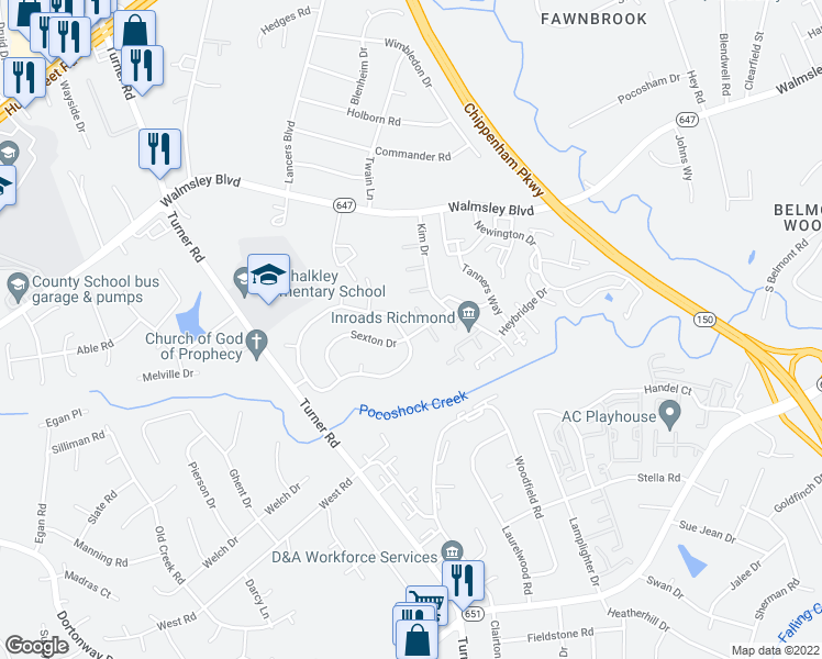 map of restaurants, bars, coffee shops, grocery stores, and more near 6500 North Stevens Hollow Drive in Chesterfield