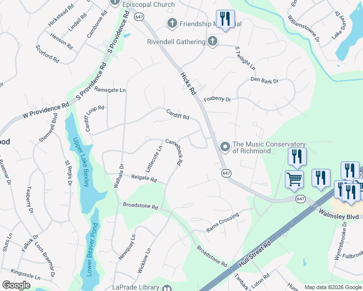 map of restaurants, bars, coffee shops, grocery stores, and more near 2509 Camelback Road in Richmond