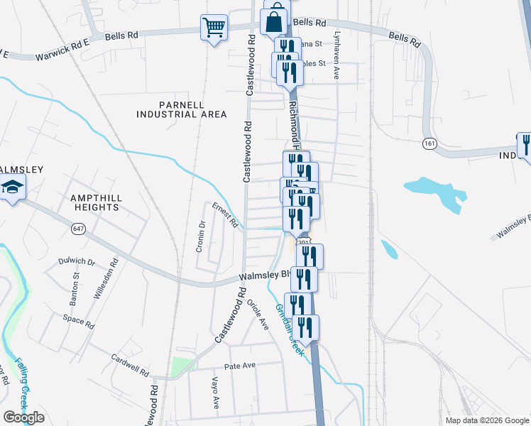 map of restaurants, bars, coffee shops, grocery stores, and more near 2709 Willamar St in Richmond