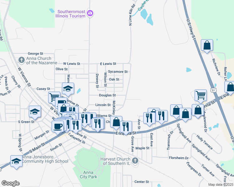 map of restaurants, bars, coffee shops, grocery stores, and more near 303 Douglas Street in Anna