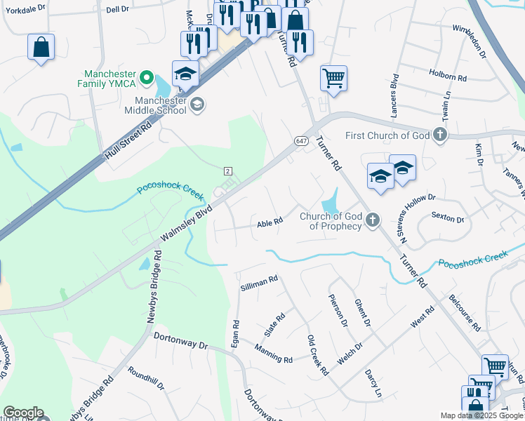 map of restaurants, bars, coffee shops, grocery stores, and more near 3100 Able Court in Chesterfield