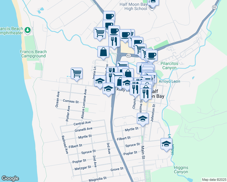 map of restaurants, bars, coffee shops, grocery stores, and more near 80 Cabrillo Highway in Half Moon Bay