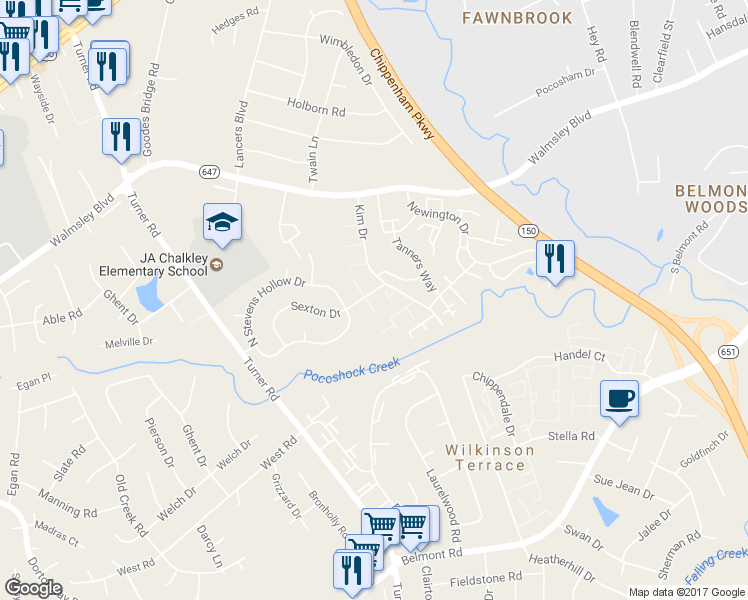 map of restaurants, bars, coffee shops, grocery stores, and more near 6403 Sexton Drive in Richmond