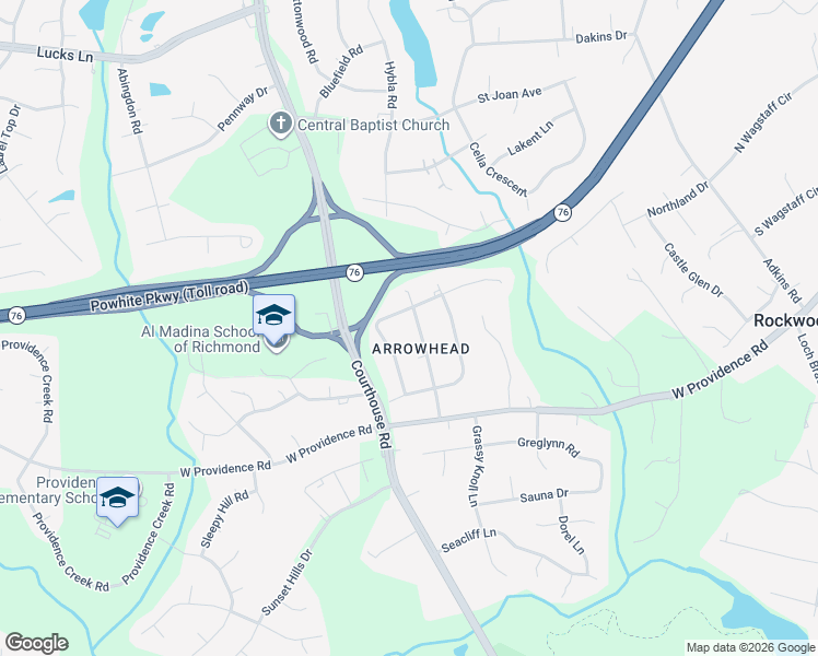 map of restaurants, bars, coffee shops, grocery stores, and more near 2006 Arrow Point Trail in Richmond