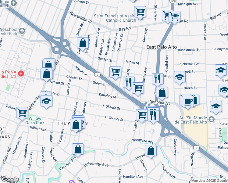 map of restaurants, bars, coffee shops, grocery stores, and more near 1330 West Bayshore Road in Palo Alto