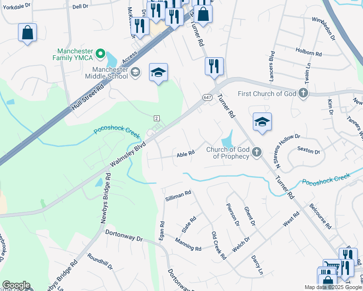 map of restaurants, bars, coffee shops, grocery stores, and more near 3100 Able Court in Chesterfield