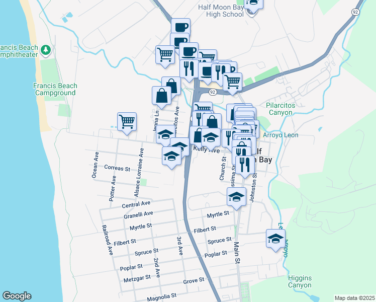 map of restaurants, bars, coffee shops, grocery stores, and more near 70 Cabrillo Highway in Half Moon Bay