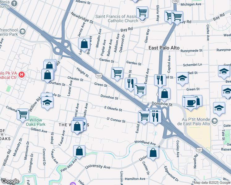 map of restaurants, bars, coffee shops, grocery stores, and more near 1330 West Bayshore Road in Palo Alto