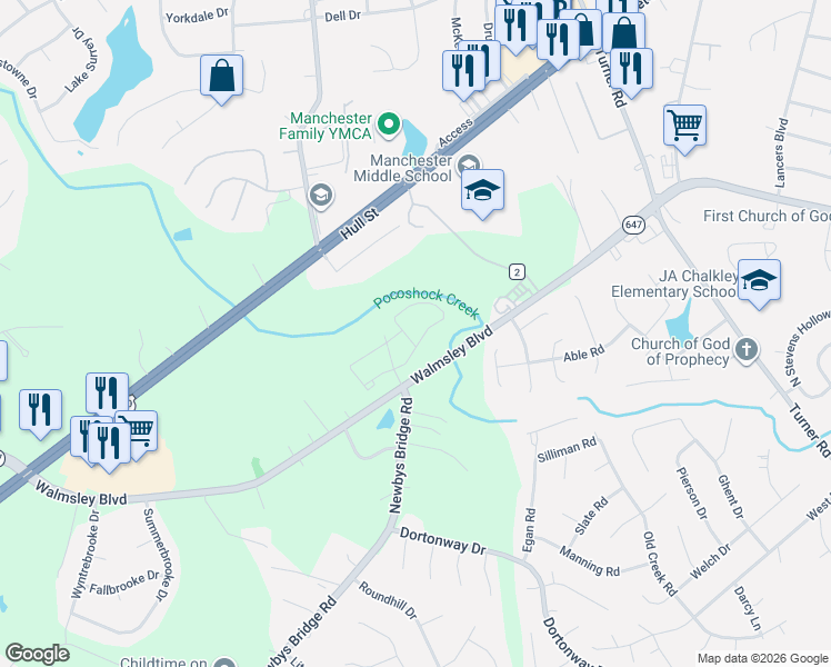 map of restaurants, bars, coffee shops, grocery stores, and more near 7420 Newbys Crossing Drive in Richmond
