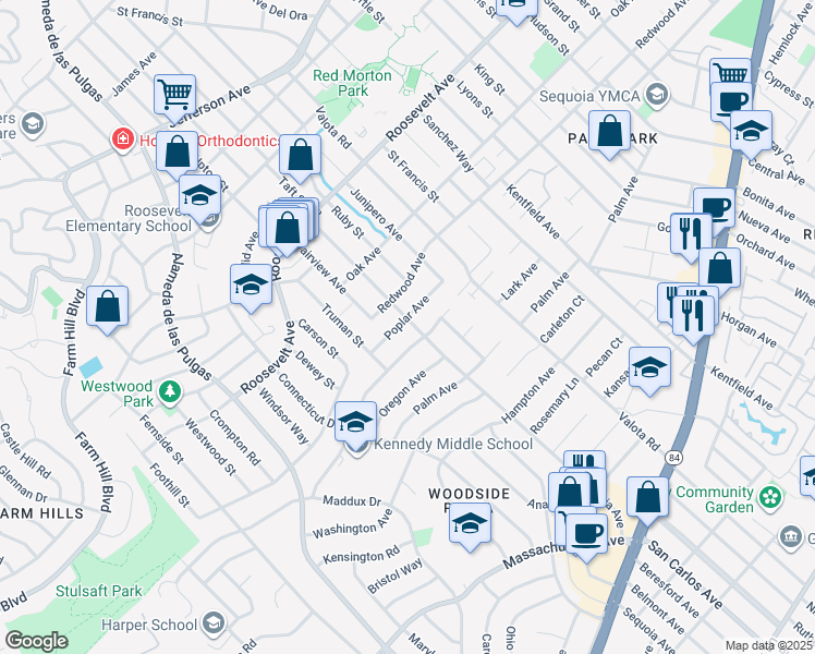 map of restaurants, bars, coffee shops, grocery stores, and more near 1332 Virginia Avenue in Redwood City