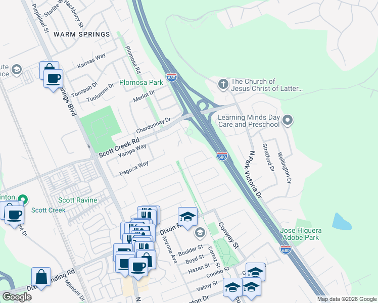 map of restaurants, bars, coffee shops, grocery stores, and more near 363 Levin Street in Milpitas