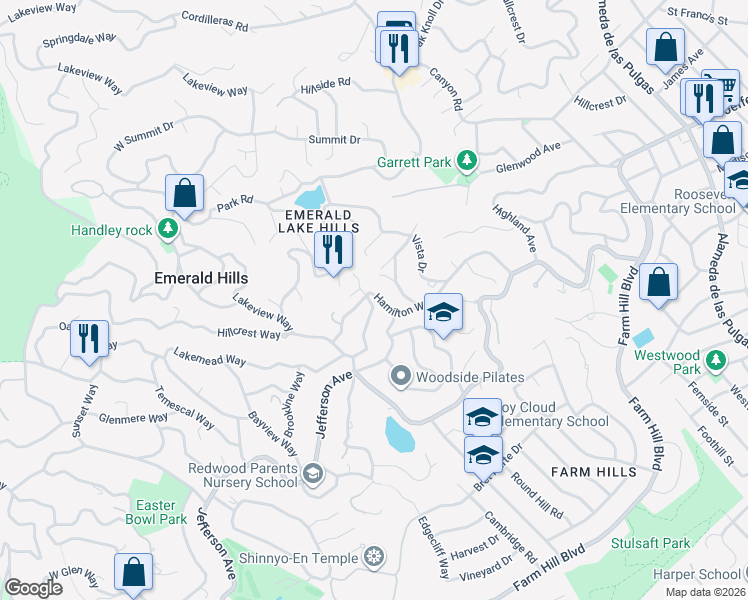 map of restaurants, bars, coffee shops, grocery stores, and more near 3803 Hamilton Way in Emerald Hills