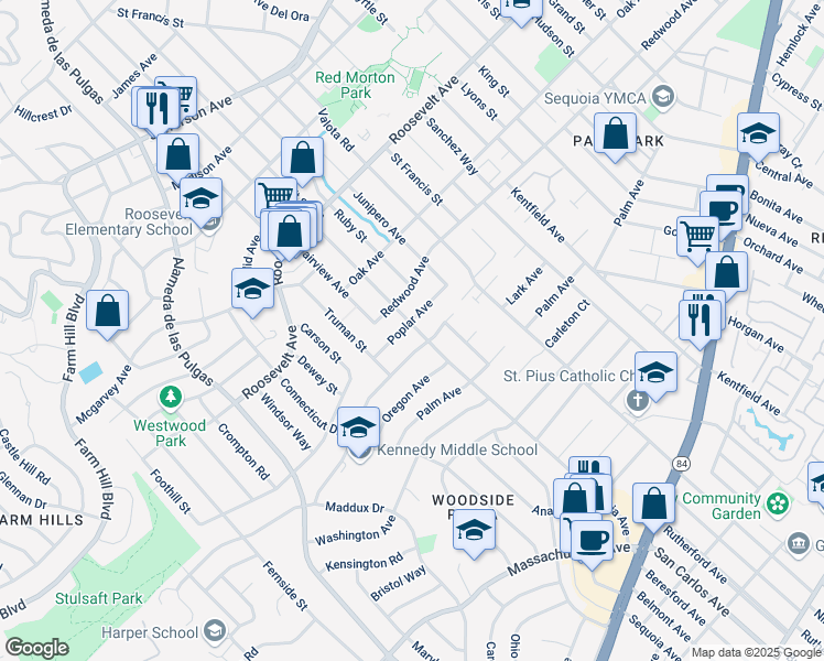 map of restaurants, bars, coffee shops, grocery stores, and more near 1332 Virginia Avenue in Redwood City