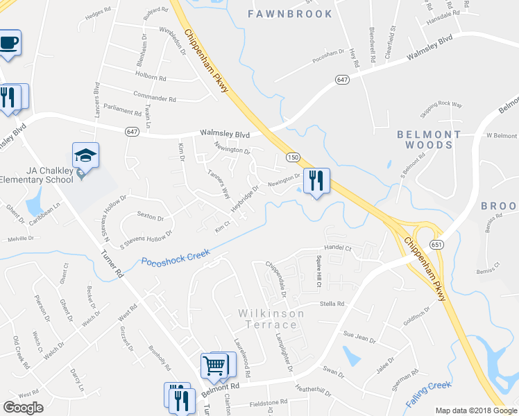 map of restaurants, bars, coffee shops, grocery stores, and more near 6018 Partingdale Circle in Richmond