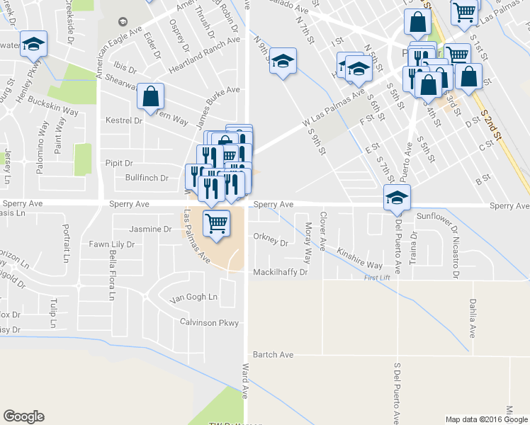 map of restaurants, bars, coffee shops, grocery stores, and more near 538 Philomena Court in Patterson