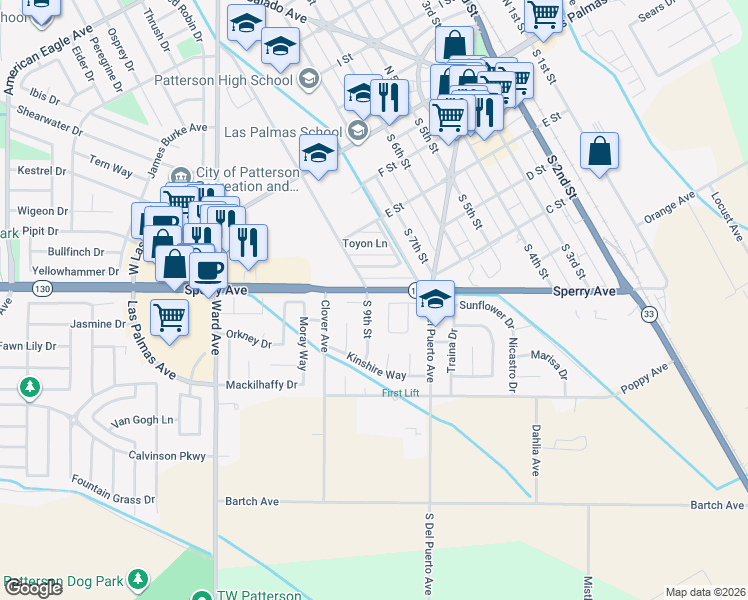 map of restaurants, bars, coffee shops, grocery stores, and more near 521 Amberina Drive in Patterson
