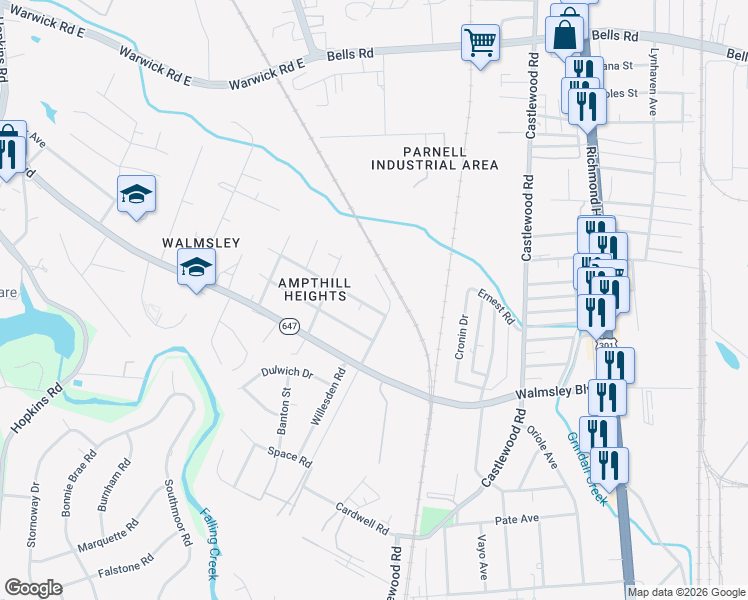 map of restaurants, bars, coffee shops, grocery stores, and more near 3012 Dupont Avenue in Richmond