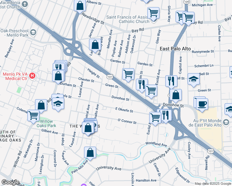 map of restaurants, bars, coffee shops, grocery stores, and more near 2051 Addison Avenue in East Palo Alto