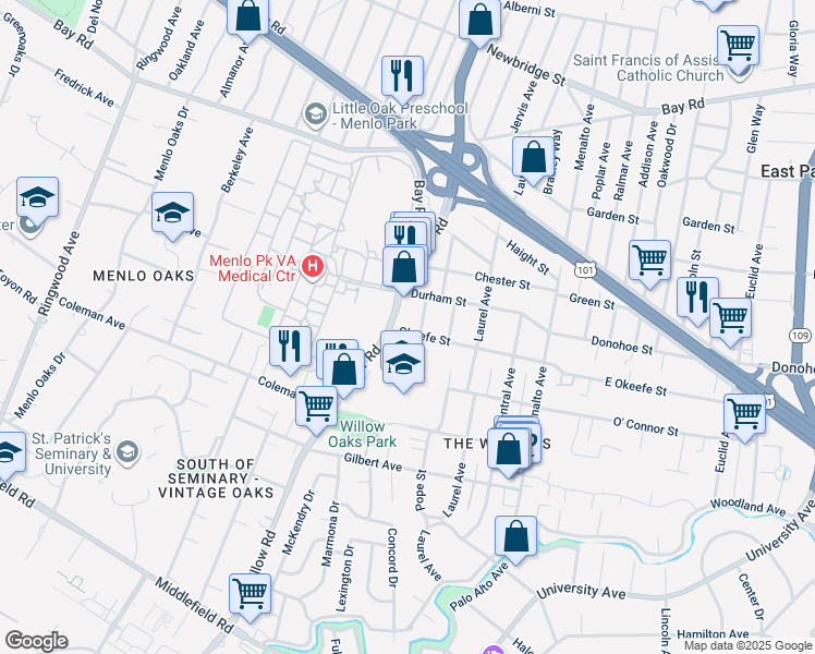 map of restaurants, bars, coffee shops, grocery stores, and more near 512 Okeefe Street in Menlo Park