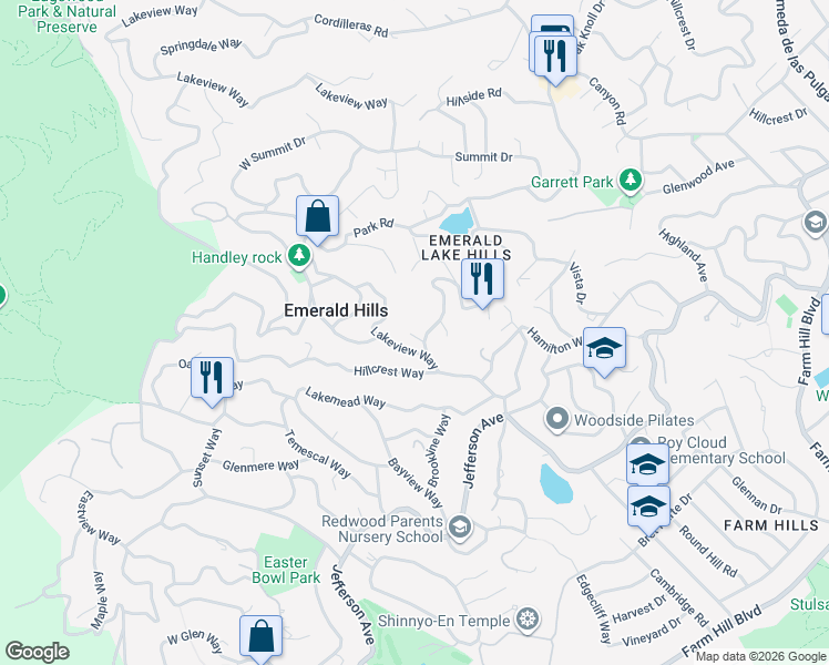 map of restaurants, bars, coffee shops, grocery stores, and more near 3658 Oak Knoll Drive in Emerald Hills