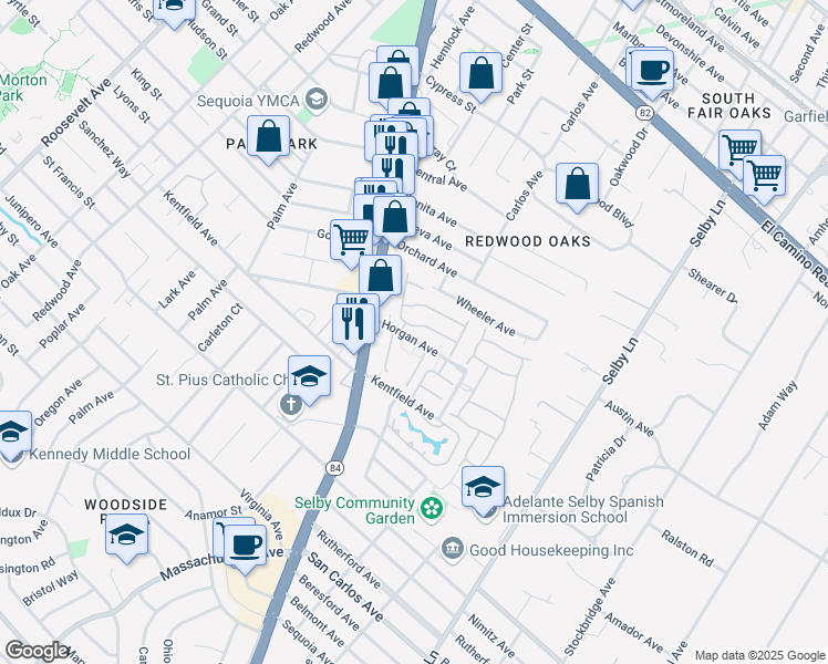 map of restaurants, bars, coffee shops, grocery stores, and more near 126 Danbury Lane in Redwood City