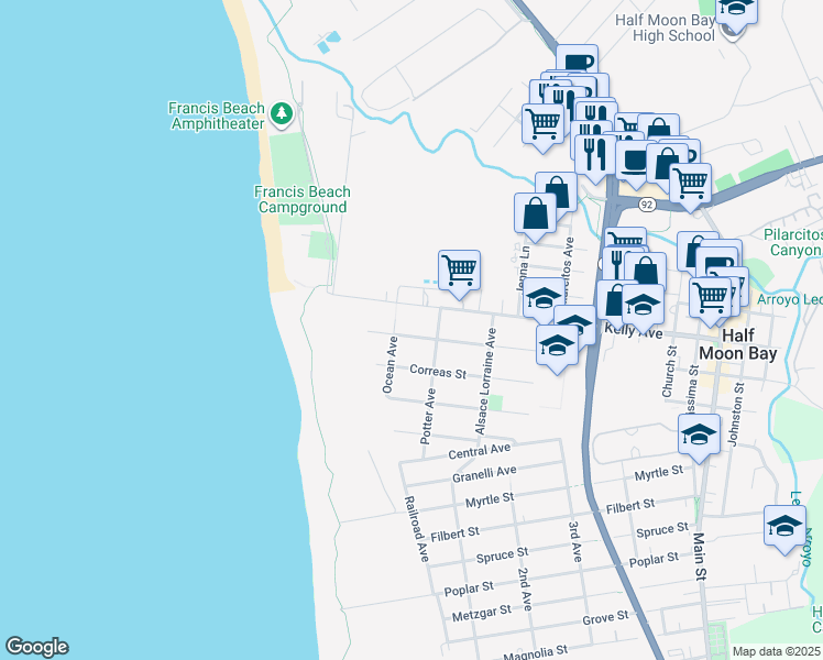 map of restaurants, bars, coffee shops, grocery stores, and more near 213 Miramontes Avenue in Half Moon Bay