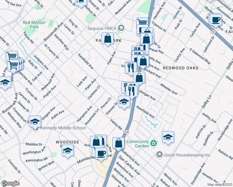 map of restaurants, bars, coffee shops, grocery stores, and more near 1610 Kentfield Avenue in Redwood City