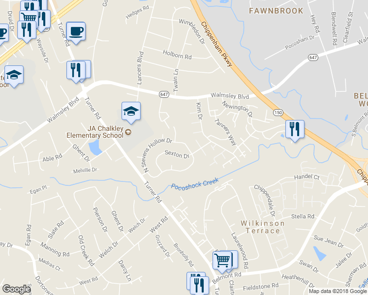 map of restaurants, bars, coffee shops, grocery stores, and more near 6507 North Stevens Hollow Drive in Chesterfield