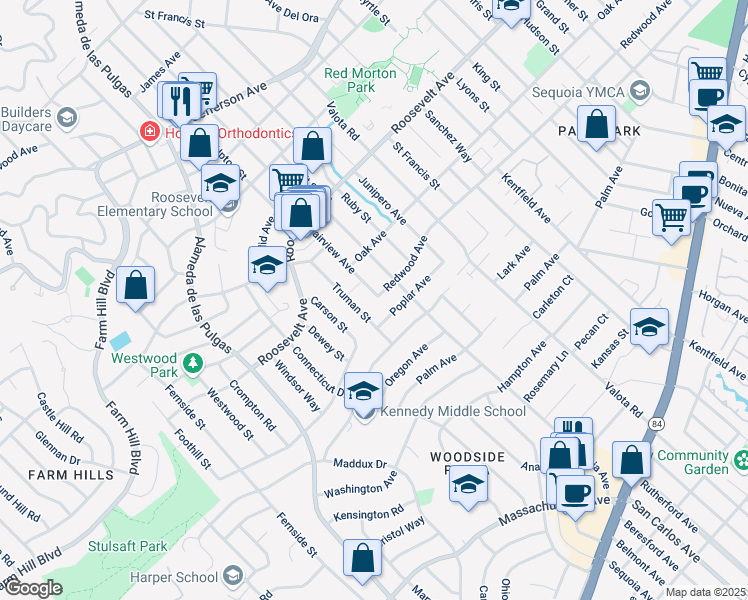 map of restaurants, bars, coffee shops, grocery stores, and more near 1288 Fairview Avenue in Redwood City