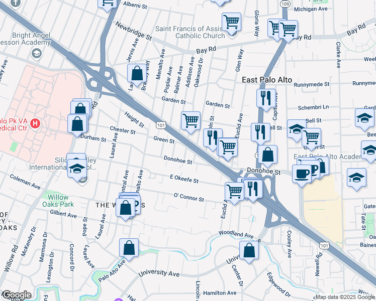 map of restaurants, bars, coffee shops, grocery stores, and more near 1330 West Bayshore Road in Palo Alto