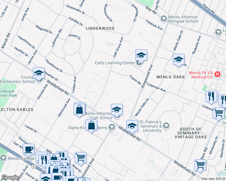 map of restaurants, bars, coffee shops, grocery stores, and more near 230 Oak Grove Avenue in Atherton