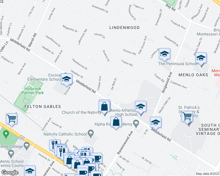map of restaurants, bars, coffee shops, grocery stores, and more near 45 De Bell Drive in Atherton