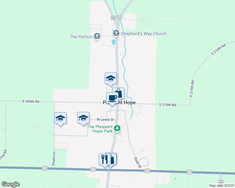 map of restaurants, bars, coffee shops, grocery stores, and more near 301 North Main Street in Pleasant Hope