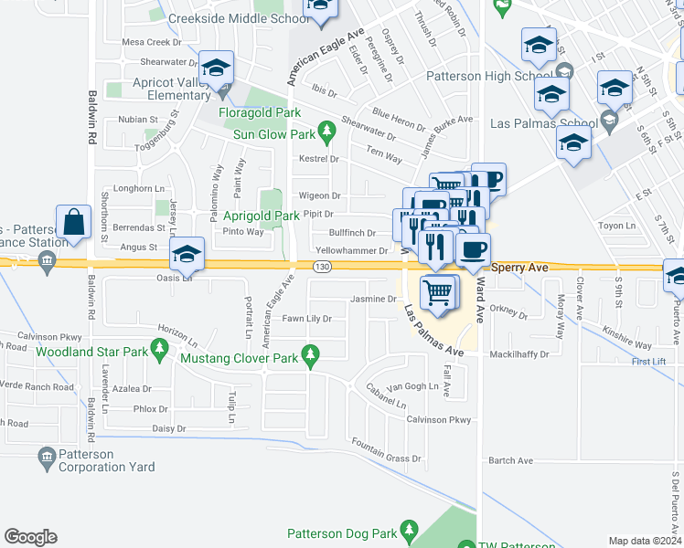 map of restaurants, bars, coffee shops, grocery stores, and more near 1201 Imperial Lilly Drive in Patterson