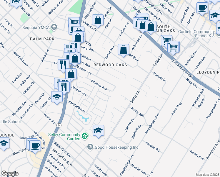 map of restaurants, bars, coffee shops, grocery stores, and more near 285 Wheeler Avenue in Redwood City