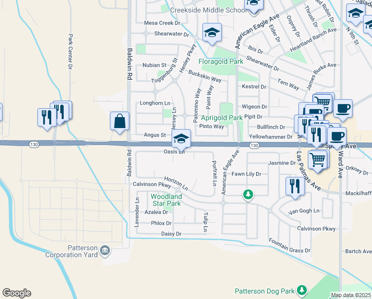 map of restaurants, bars, coffee shops, grocery stores, and more near 1417 Oasis Lane in Patterson