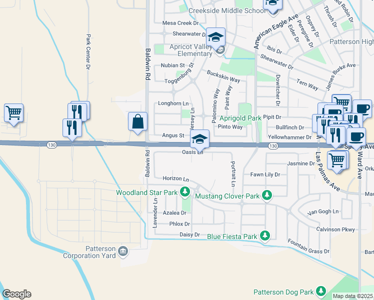 map of restaurants, bars, coffee shops, grocery stores, and more near 1445 Oasis Lane in Patterson