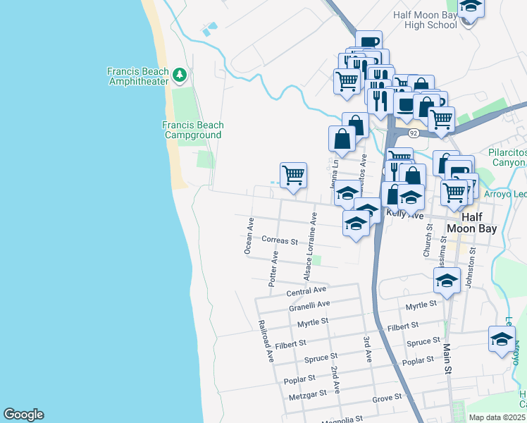 map of restaurants, bars, coffee shops, grocery stores, and more near 213 Miramontes Avenue in Half Moon Bay