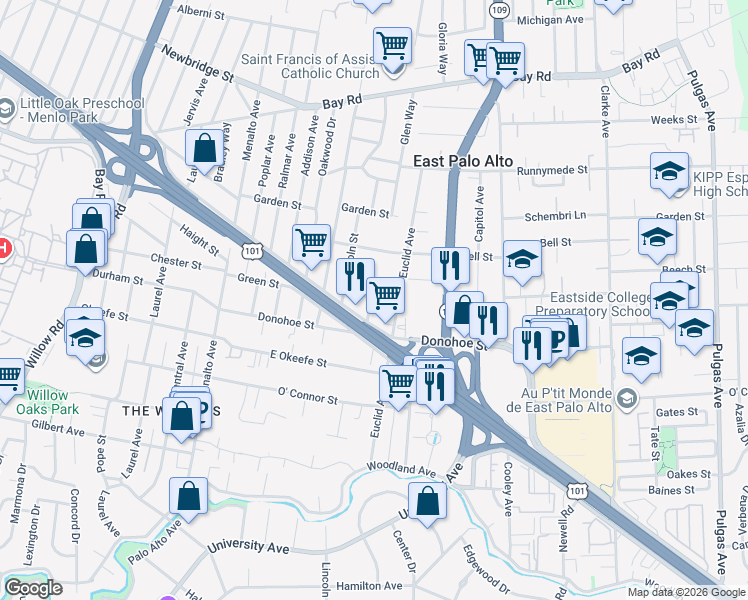 map of restaurants, bars, coffee shops, grocery stores, and more near 454 Green Street in East Palo Alto