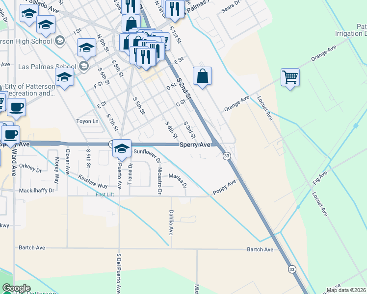 map of restaurants, bars, coffee shops, grocery stores, and more near 340 Sperry Avenue in Patterson