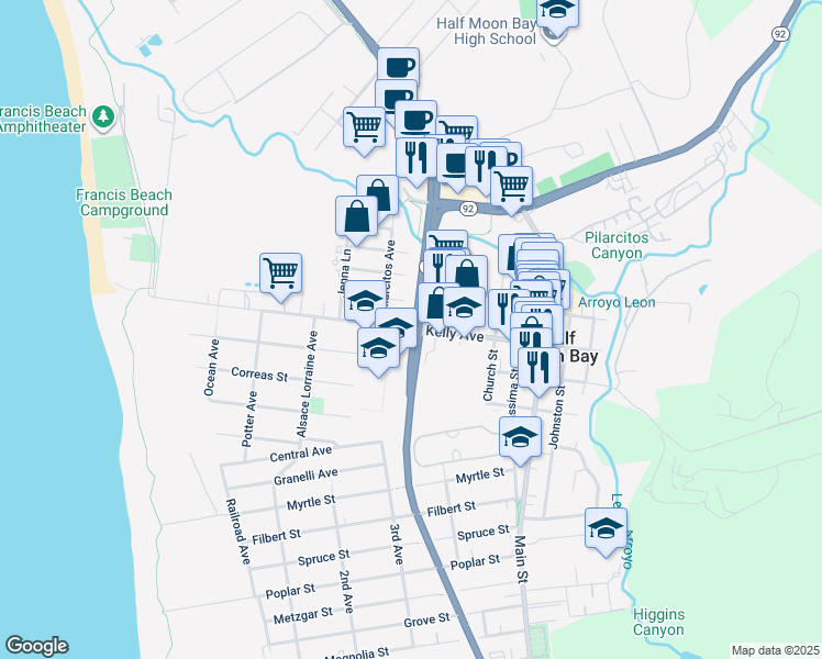 map of restaurants, bars, coffee shops, grocery stores, and more near 70 Cabrillo Highway in Half Moon Bay