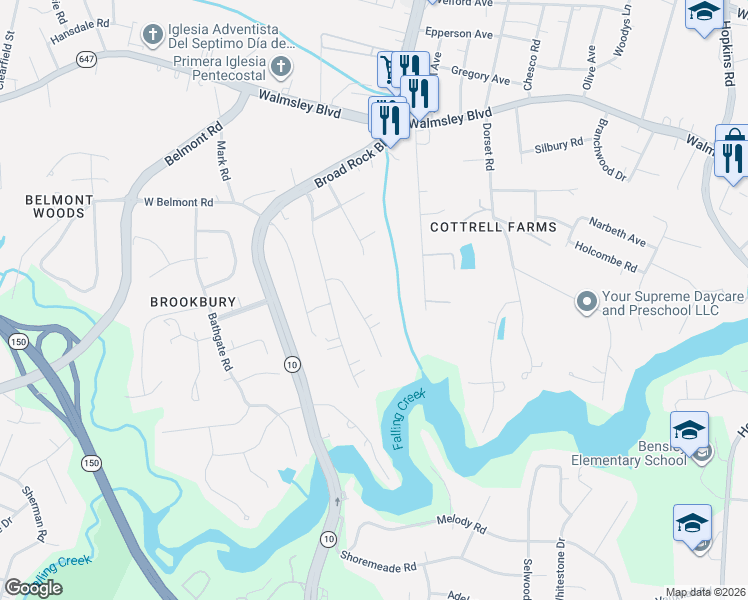 map of restaurants, bars, coffee shops, grocery stores, and more near 3947 Rebecca Road in Richmond