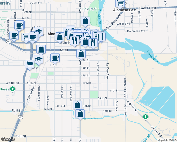 map of restaurants, bars, coffee shops, grocery stores, and more near 811 Hunt Avenue in Alamosa