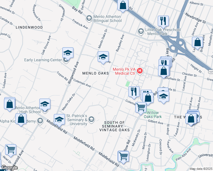 map of restaurants, bars, coffee shops, grocery stores, and more near 520 Berkeley Avenue in Menlo Park