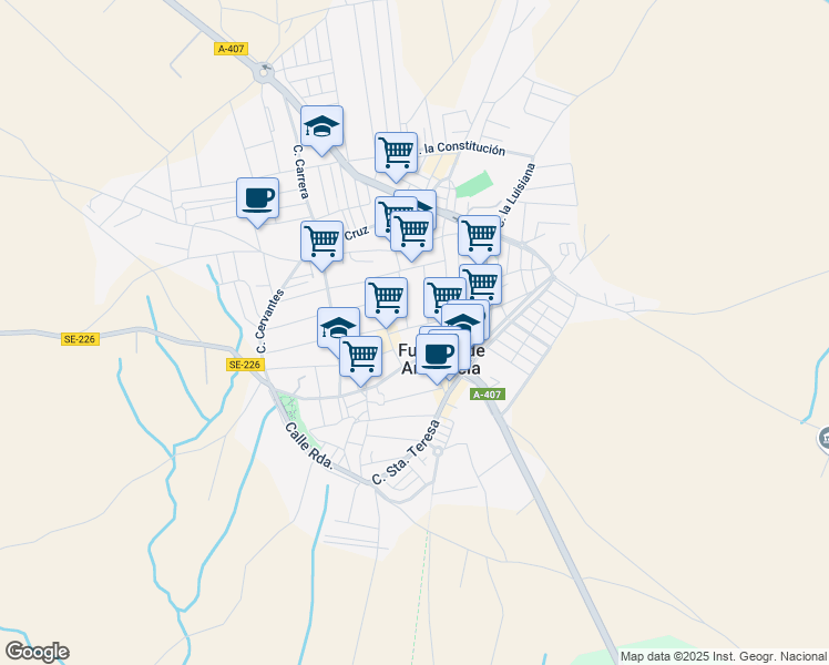 map of restaurants, bars, coffee shops, grocery stores, and more near in Fuentes de Andalucía